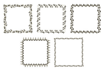 New Year and Christmas set of five square golden-black frames from hand-drawn scandinavian doodles on a white background. Collection of design elements for text. Vector.