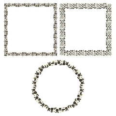 New Year and Christmas set of three square and round frames from hand-drawn doodles in Scandinavian style on a white background. A collection of golden-black decorative patterns. Vector.