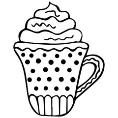 Hand-drawn decorative mug of cappuccino, glasse, hot chocolate, mokkachino with foam. Isolated black and white doodle in scandinavian style. Vector.