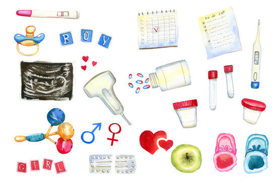 Watercolor set of pregnancy symbols isolated on white