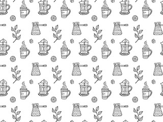 Seamless pattern of black-and-white French presses, cezve, mugs with steam, lemon slices, pieces of sugar and tea tree branches. Hand drawn doodles in scandinavian style. Vector.