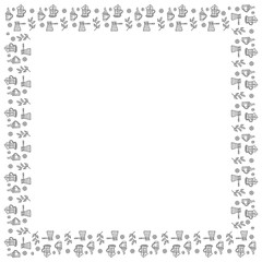 A square frame made of black and white French presses, Turkish coffee, mugs with steam, lemon slices, sugar cubes and tea tree branches. An isolated template from hand-drawn doodles. Vector.