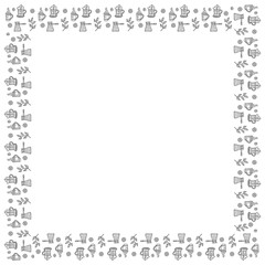 A square frame made of black and white French presses, Turkish coffee, mugs with steam, lemon slices, sugar cubes and tea tree branches. An isolated template from hand-drawn doodles. Vector.