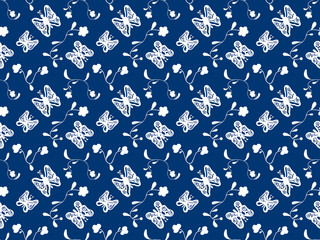 Seamless pattern of abstract white butterflies and flowers on a blue background. Hand drawing. For fabric, wallpaper, textile, etc. Vector.