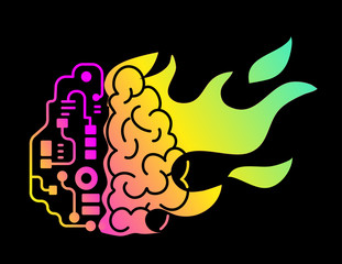 Vector creative illustration of human burning brain on black background. Brain with gradient neon color flame of fire and mechanism circuitry.