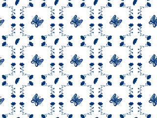 Seamless pattern in the form of tiles of abstract blue butterflies with patterns inside and flowers on a white background. Elegant hand-drawn decor for fabric, wallpaper, textile, wrapping paper, tile