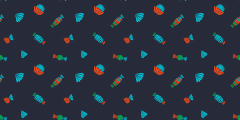 Scandinavian style seamless pattern of sweets,  truffes and meringues on a black background. Bright colours. For wrapping paper, packaging, wallpaper, etc. Vector.