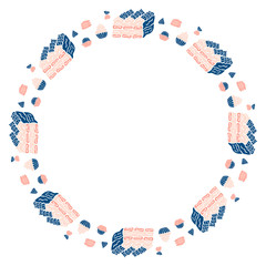 Round isolated frame made of pink-blue desserts of tiramisu, cakes, macarons and  truffes in Scandinavian style on a white background. Vector.