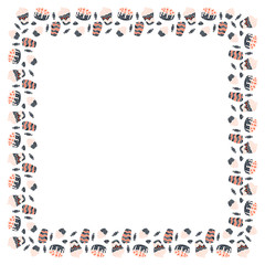 Square isolated frame made of black-pink-red cakes, sweets, tiramisu strawberries, meringues, cupcakes and cranachan on a white background. Scandinavian style. For text, flayer, card etc. Vector.