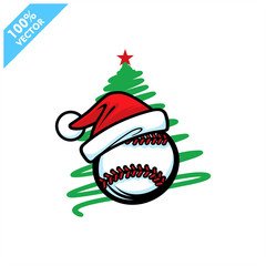  Baseball santa hat with christmas tree background logo vector