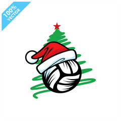 Volleyball santa hat with christmas tree background logo vector