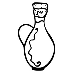 An isolated filled jug with cork. Black-white freehand drawing. Vector.