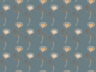 Obraz premium Elegant trendy seamless pattern of hand-drawn chrysanthemums with golden contours on a stylish gray background. For fabric, textile, wallpaper, decor, etc. Vector.