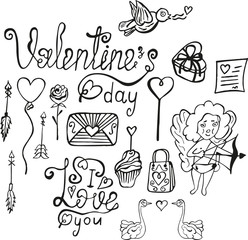 Black-white set for Valentine's Day. The inscription "I love you", Cupid, arrows, rose, cake, postcard, swans and a bird with a heart, envelope, balloon, gift box and bag. Vector. Isolated doodles.