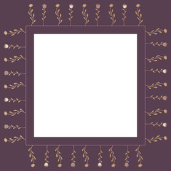 Fototapeta na wymiar An exquisite square frame of roses and abstract flowers attached to a golden contour figure on an elegant purple background with blank space in the middle. For home decor, cards, invitations, etc. Vec