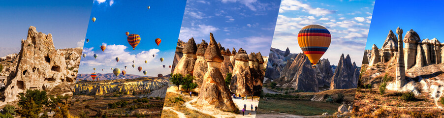 Cappadocia famous landmark collage. Flying air ballons, Stone pillars,  Fairy Chimneys,  Rock...