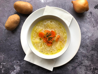 Austrian Potato soup. Winter warm soup with the main ingredient potatoes, carrots and celery.