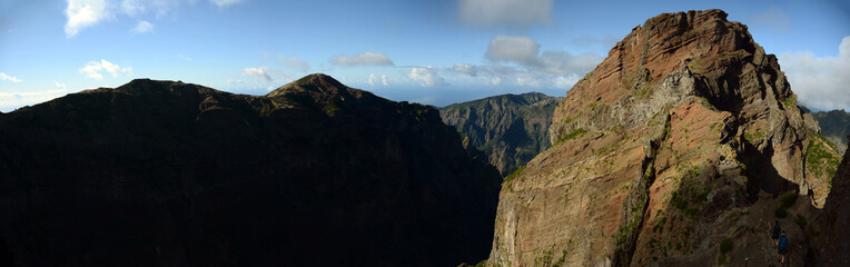 Fototapeta na wymiar Wide panoramic view of Madeira island. Cliff and mountains with blue skies and clouds in background