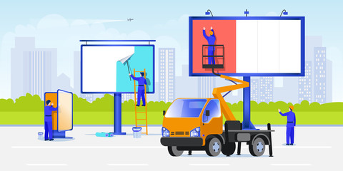 Workers mount posters using stairs and aerial work platforms. Street advertising on a billboard. Vector illustration - obrazy, fototapety, plakaty