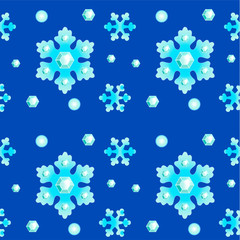 Seamless winter pattern - blue snowflakes and shiny rhinestones on a dark blue background. Vector winter background - it is snowing, blizzard at night.