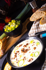 Delicious cheese and leek soup with minced meat