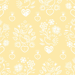 Delicate seamless vector folk art floral pattern with lace style burning heart in white line art. Elegant and festive design for valentine, wedding, mothers day and your personal sweetheart.