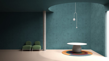 Classic metaphysics interior design, lobby, hall, marble floor, round table and pendant lamp, armchairs, living, empty space, stucco blue concrete walls, architecture concept project