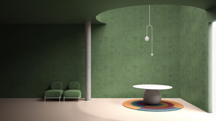 Classic metaphysics interior design, lobby, hall, marble floor, round table and pendant lamp, armchairs, living, empty space, stucco green concrete walls, architecture concept project