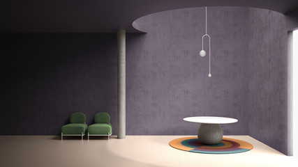 Classic metaphysics interior design, lobby, hall, marble floor, round table, pendant lamp, armchairs, living, empty space, stucco purple concrete walls, architecture concept project