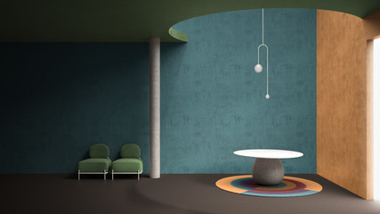 Classic metaphysics interior design, lobby, hall, marble floor, round table, pendant lamp, armchairs, living, empty space, stucco colored concrete walls, architecture concept project