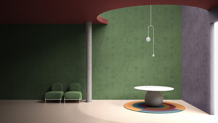 Classic metaphysics interior design, lobby, hall, marble floor, round table, pendant lamp, armchairs, living, empty space, stucco colored concrete walls, architecture concept project