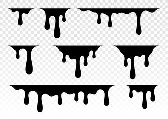 Paint dripping. Dripping liquid. Paint flows. Current paint, stains. Current drops. Current inks. Vector illustration. Color easy to edit. Transparent background.