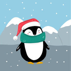 Cartoon character blue winter penguin on blue background for celebration decoration design.