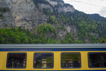 Windows of train on mountain with fresh green forest for background , copy space