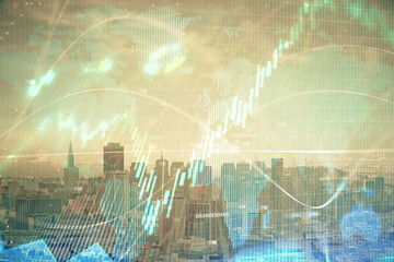 Forex graph on city view with skyscrapers background multi exposure. Financial analysis concept.
