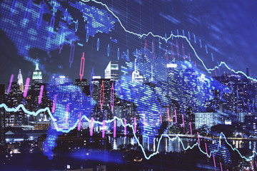 Double exposure of forex chart drawings over cityscape background. Concept of success.