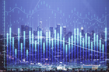 Financial graph on night city scape with tall buildings background double exposure. Analysis concept.