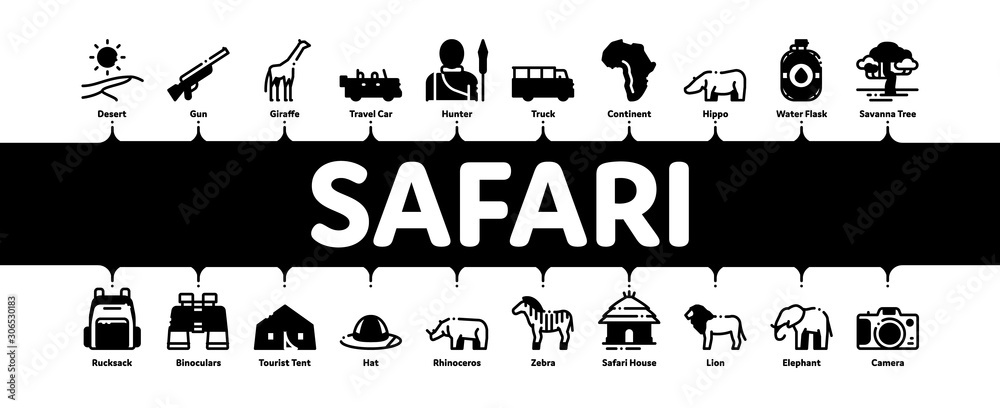 Sticker Safari Travel Minimal Infographic Web Banner Vector. Animal And Africa, Car And Tree, Human Silhouette And Hat Safari Adventure Concept Illustrations