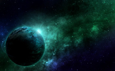 beautiful abstract illustration, planet Earth in space and the shining of stars in green tones in blue radiance