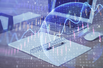 Multi exposure of chart and financial info and work space with computer background. Concept of international online trading.