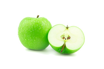 Green apple and half with drop of water is isolated on white background.