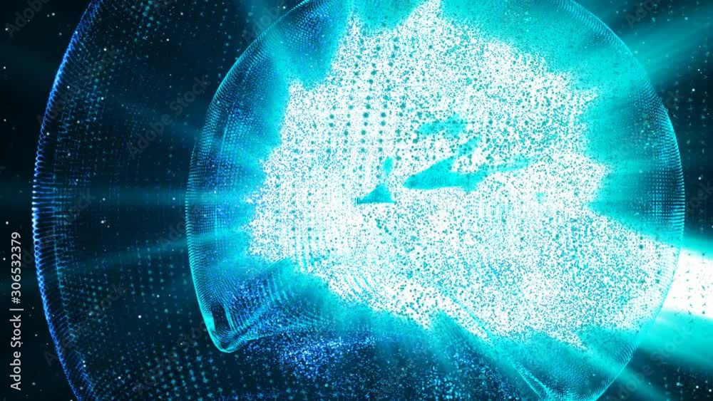 Poster 3d rendering of rotating of blue shining dotted shperes in outer space.