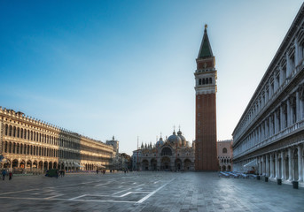 Fototapeta na wymiar St Mark's Square at the morning, Campanile of San Marco. (Piazza San Marco). Venice, Italy.