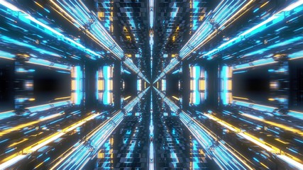 Fototapeta na wymiar futuristic sci-fi space tunnel corridor with reflective bricks texture and endless lights 3d illustration background wallpaper