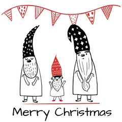 Merry Christmas gift card template with cute nordic family gnomes. Holiday positive print postcard.