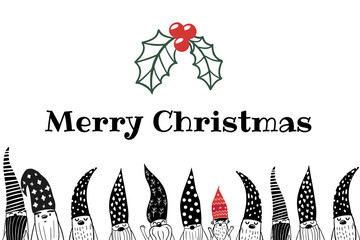 Merry Christmas gift card template with cute nordic family gnomes. Holiday positive print postcard.