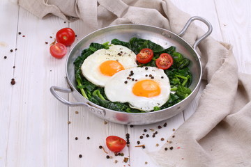 Fried eggs in a pan on a white background