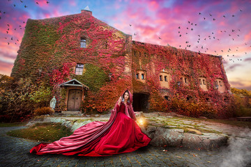 Beautiful girl in a burgundy coat and red dress sitting on the background of the castle in the park, October - Powered by Adobe