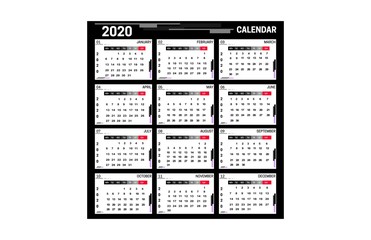 2020 Calendar template black white color style