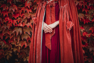 Beautiful girl in a burgundy coat and red dres on a background of autumn grape red leaves in the...